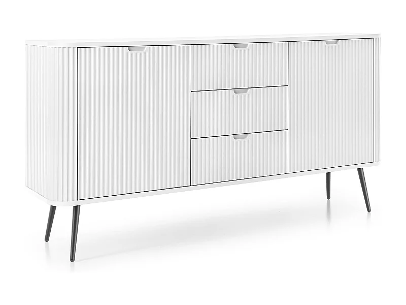 Commode large ZOVA 168 cm avec 3 tiroirs, 2 armoires, poignées design, pieds métalliques noirs, 168/87/39 cm, couleur : Blanc