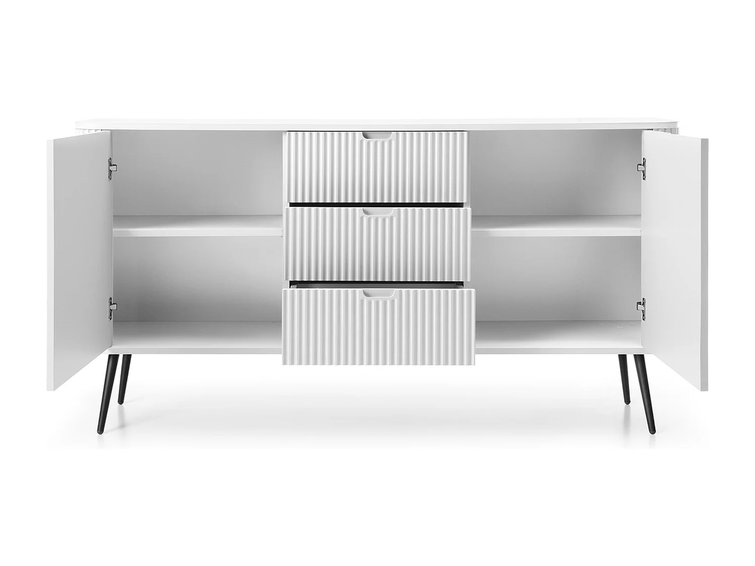 ZOVA Breite Kommode 168cm mit 3 Schubladen und 2 Schränken, freigeformte Griffe, Metallfüße Schwarz, 168/87/39cm, Farbe: Weiß