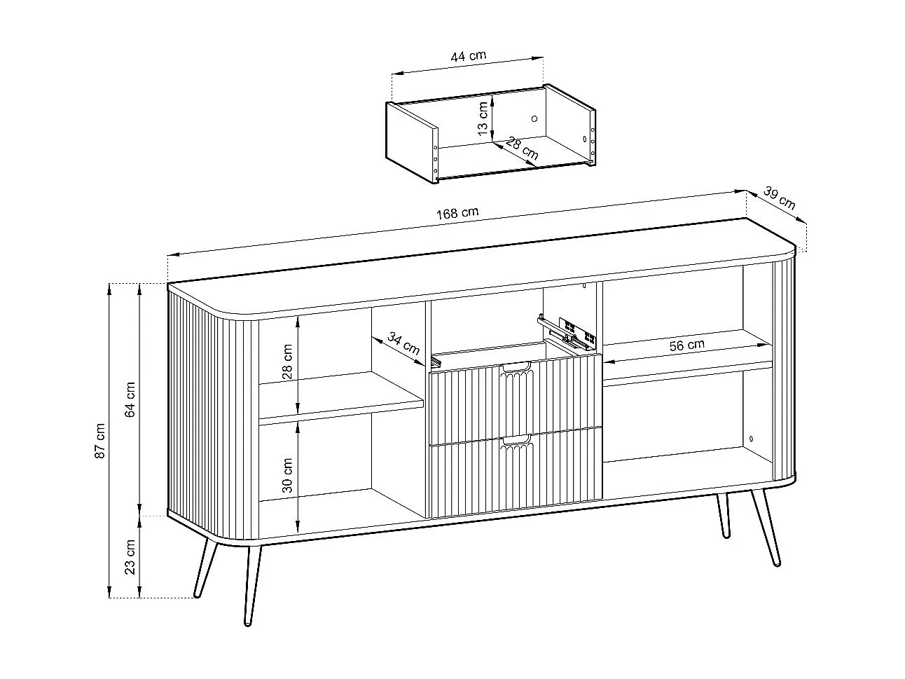 Commode large ZOVA 168 cm avec 3 tiroirs, 2 armoires, poignées design, pieds métalliques noirs, 168/87/39 cm, couleur : Blanc