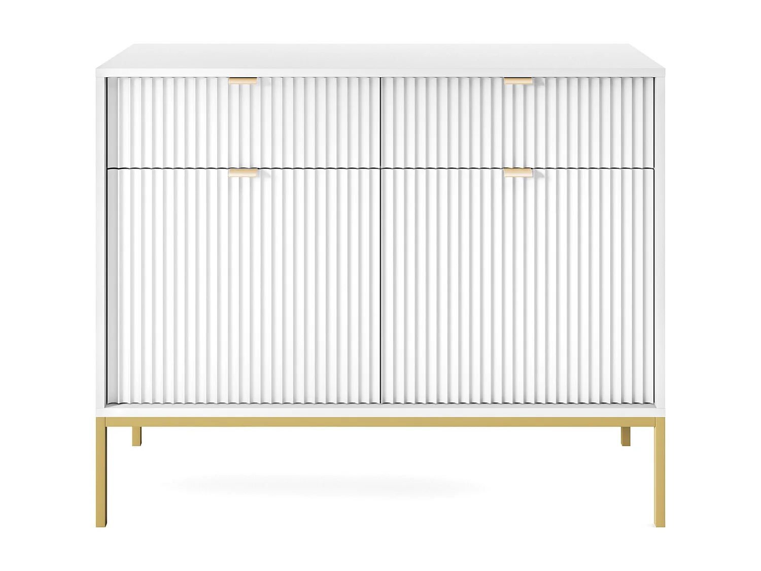Commode Design NOVA - Couleur : Blanc, Façade Geriffelt, 2 portes, 2 tiroirs, 83x104x39cm, Pieds métal dorés, Meuble polyvalent