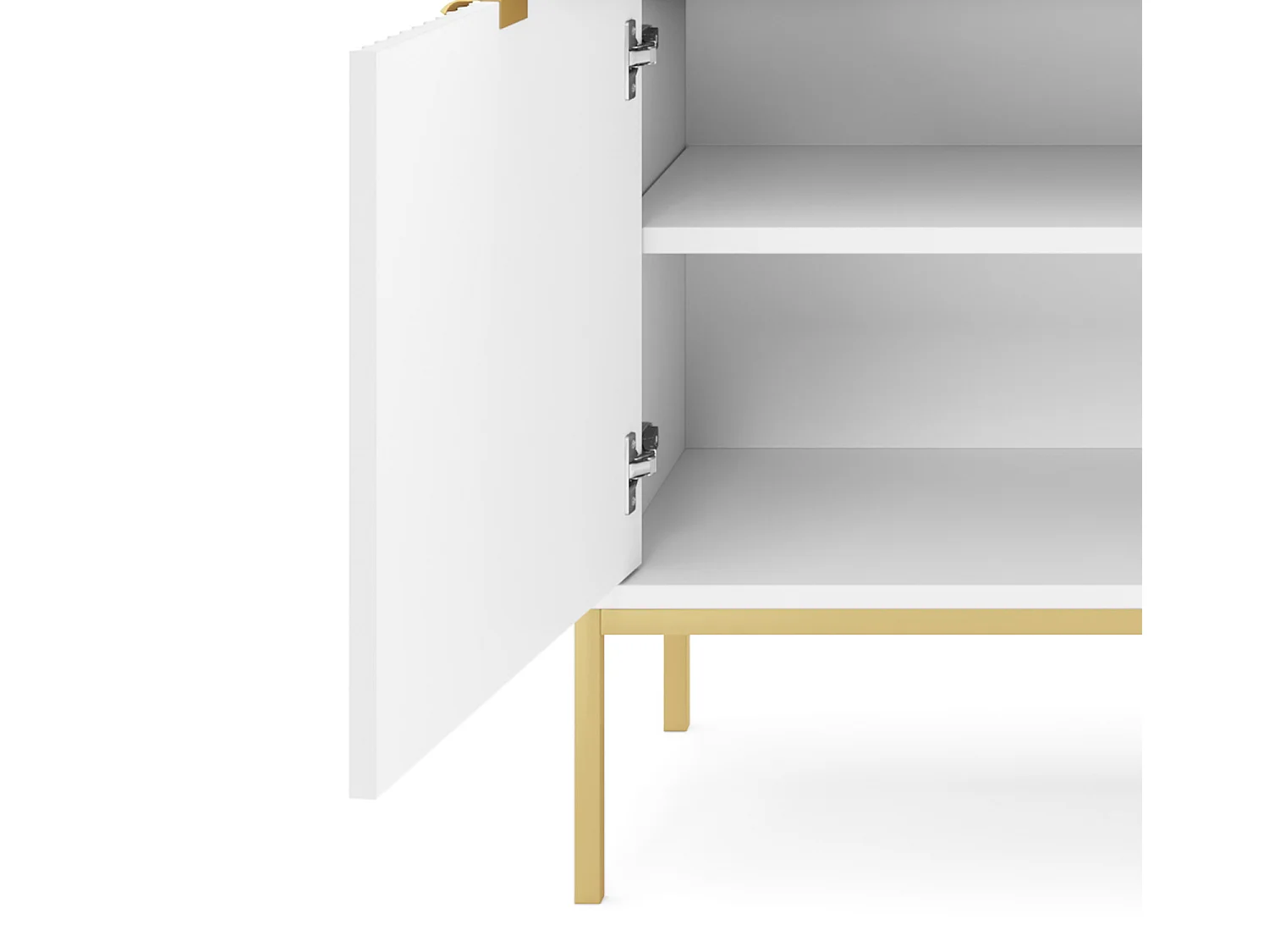 Commode Design NOVA - Couleur : Blanc, Façade Geriffelt, 2 portes, 2 tiroirs, 83x104x39cm, Pieds métal dorés, Meuble polyvalent