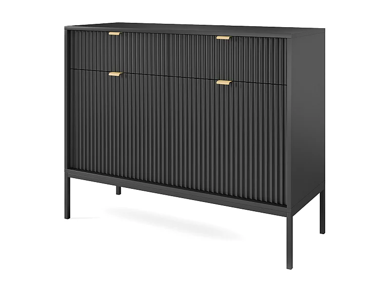 Design-Kommode NOVA – Farbe: Schwarz, Geriffelte Front, 2 Türen, 2 Schubladen, 83x104x39cm, Schwarze Metallfüße, Vielseitiges Möbelstück