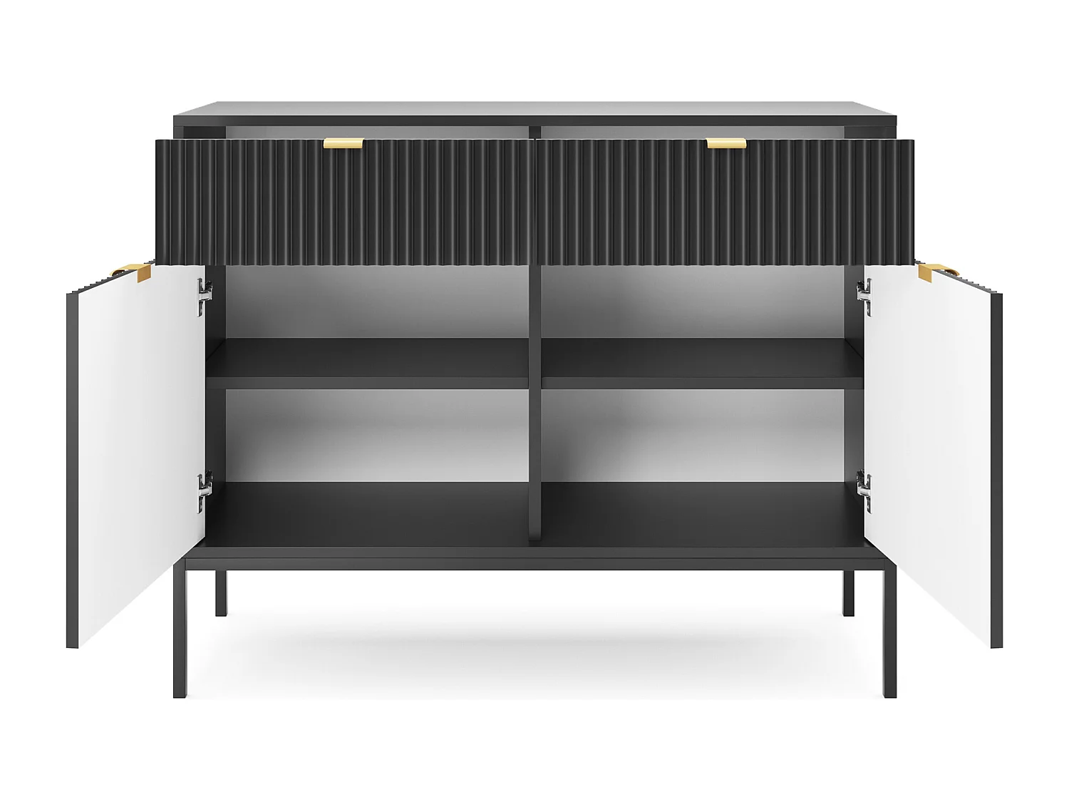 Commode Design NOVA - Couleur : Noir, Façade Geriffelt, 2 portes, 2 tiroirs, 83x104x39cm, Pieds métal noirs, Meuble polyvalent