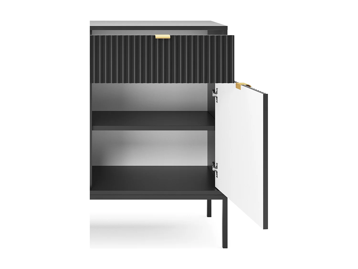 Commode Design NOVA - Couleur : Noir, Façade Geriffelt, 2 portes, 2 tiroirs, 83x104x39cm, Pieds métal noirs, Meuble polyvalent