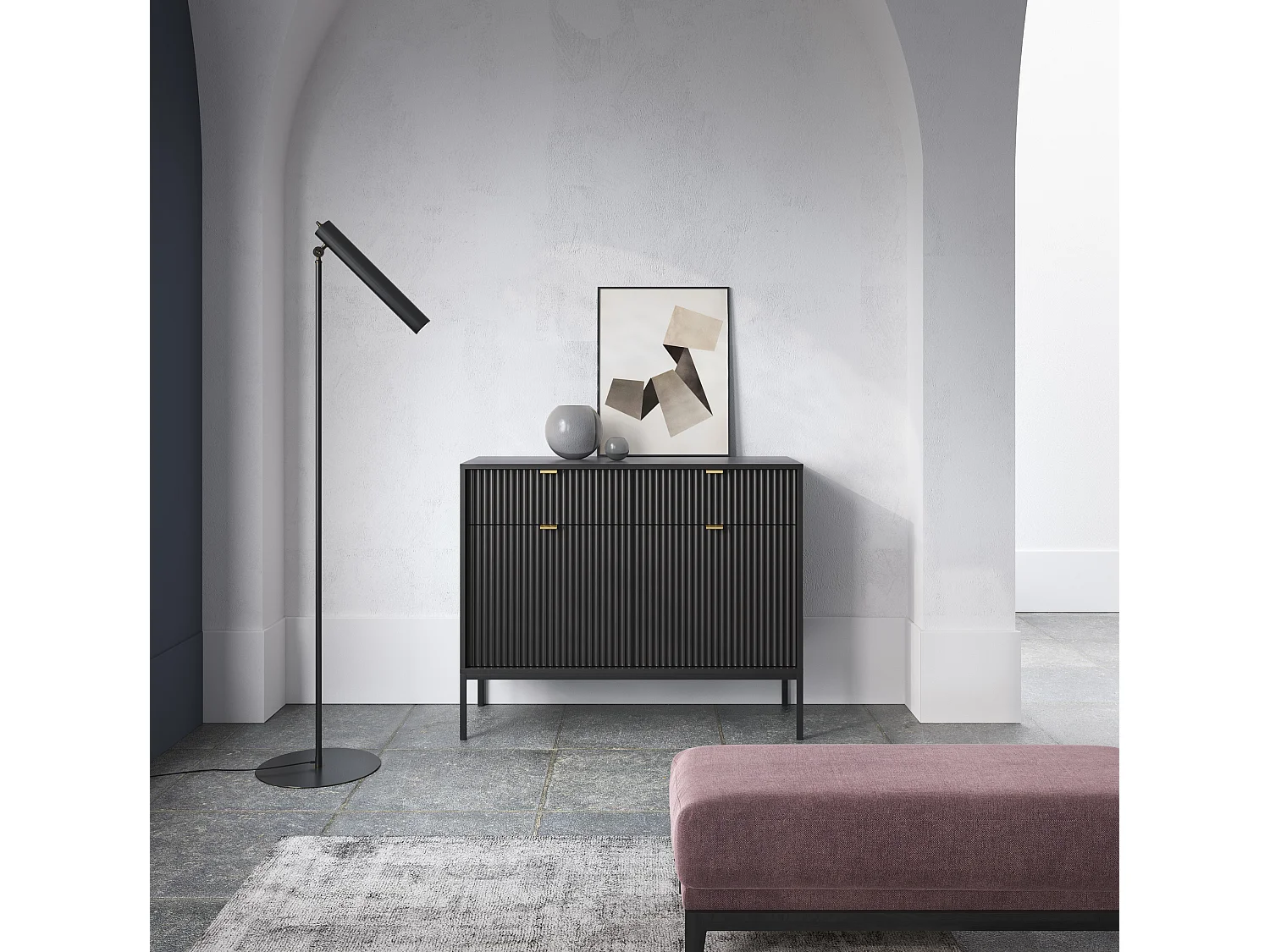 Commode Design NOVA - Couleur : Noir, Façade Geriffelt, 2 portes, 2 tiroirs, 83x104x39cm, Pieds métal noirs, Meuble polyvalent