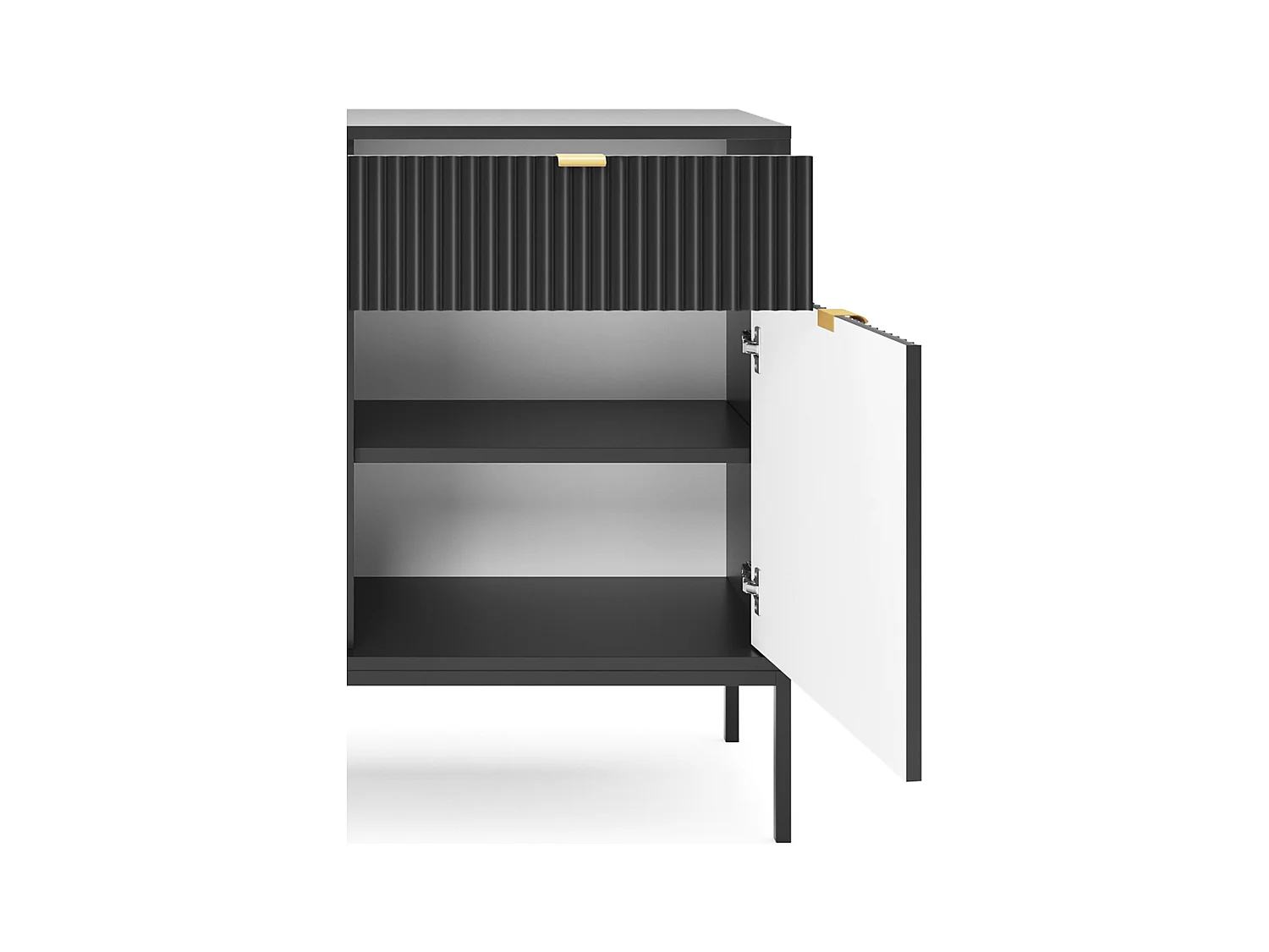 Design-Kommode NOVA – Farbe: Schwarz, Geriffelte Front, 2 Türen, 2 Schubladen, 83x104x39cm, Schwarze Metallfüße, Vielseitiges Möbelstück