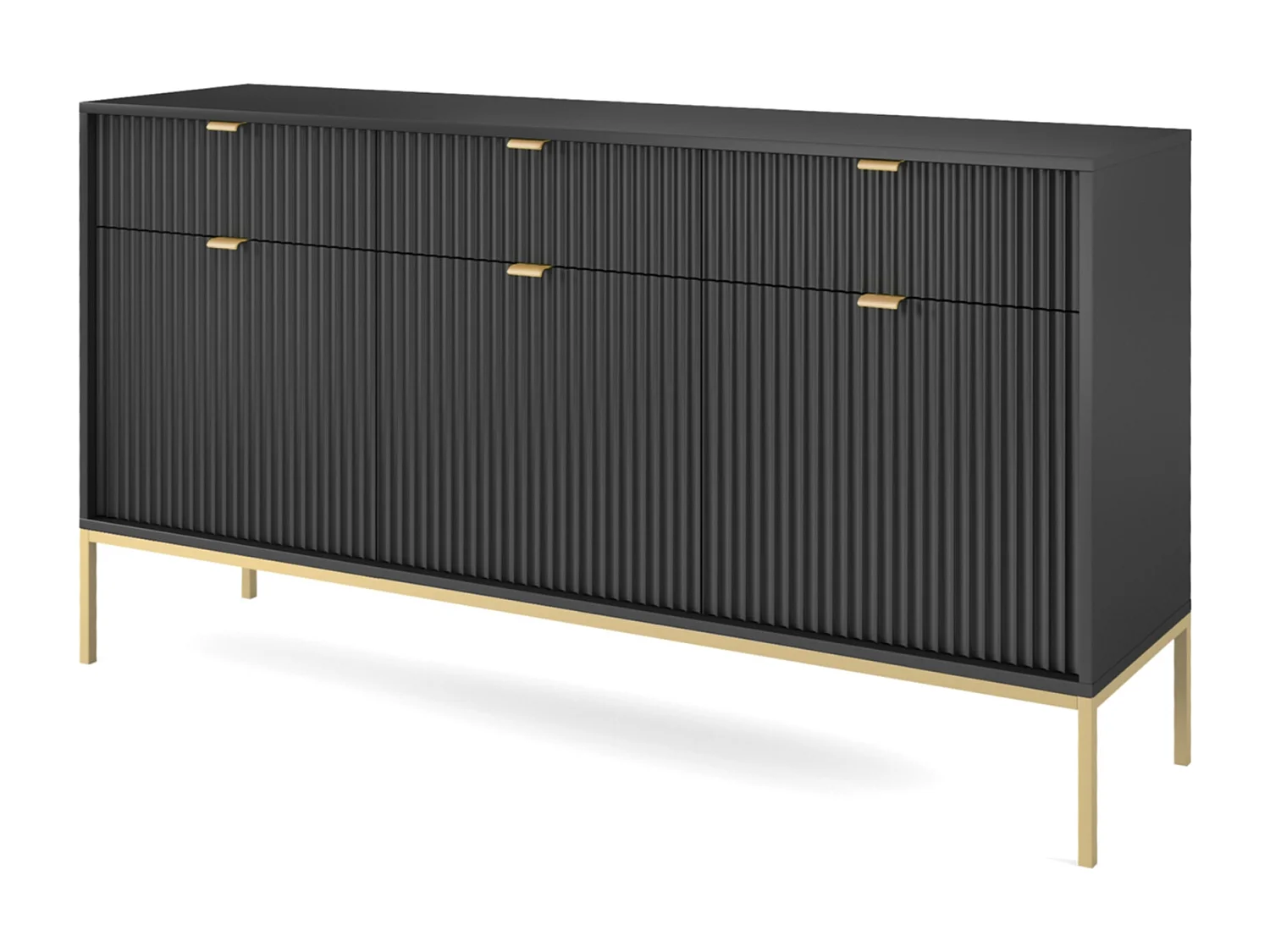 Elegante commode DomoHome NOVA – 154x83x39cm, Geriffelde voorkant, Gouden handgrepen, Veelzijdig ontwerp, 3 lades en 3 deuren, Zwart, Gouden lijst