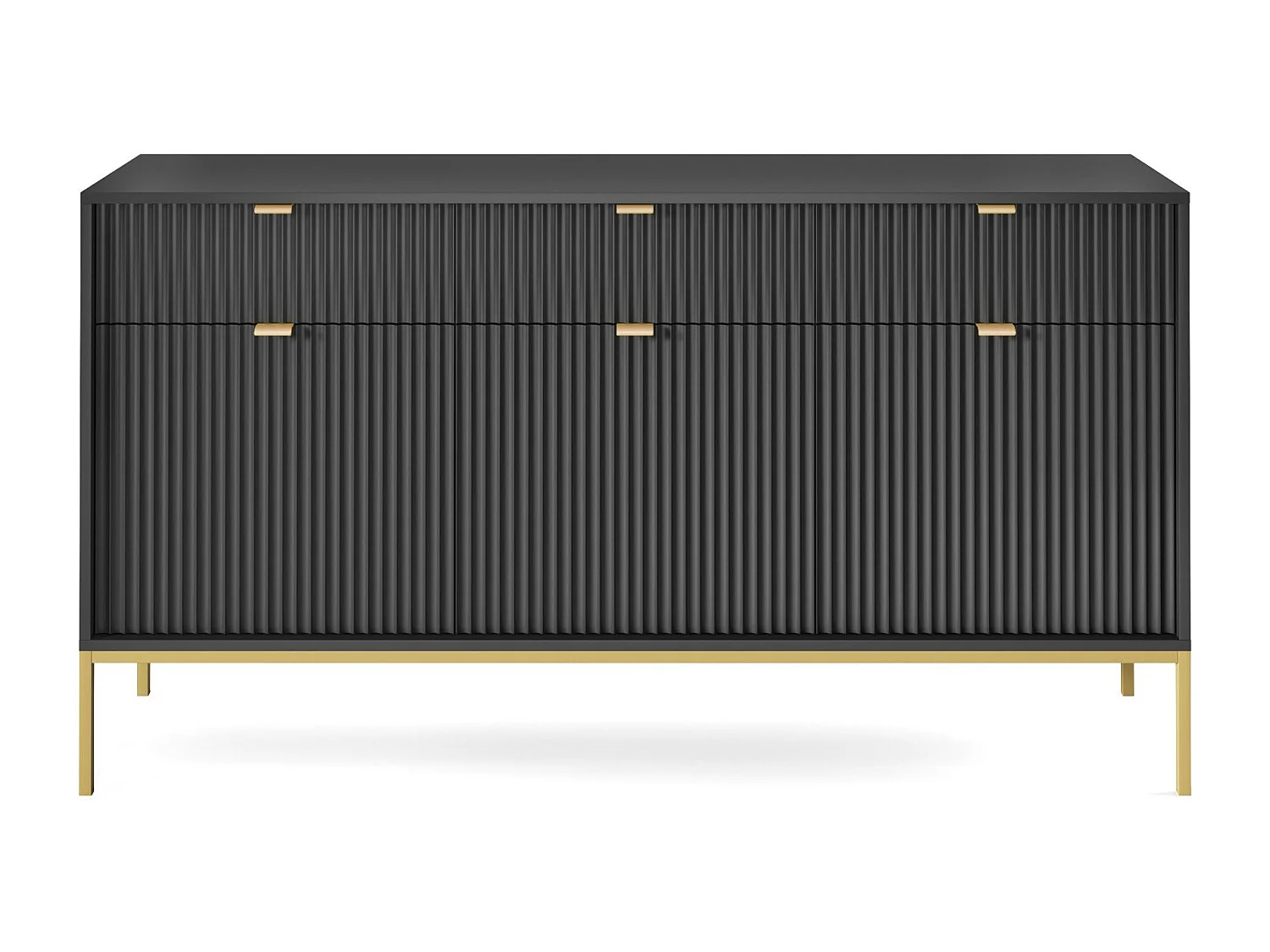 Elegante commode DomoHome NOVA – 154x83x39cm, Geriffelde voorkant, Gouden handgrepen, Veelzijdig ontwerp, 3 lades en 3 deuren, Zwart, Gouden lijst