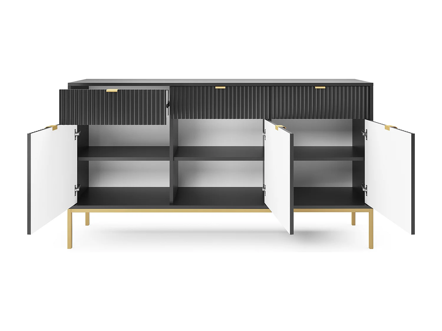 Elegante commode DomoHome NOVA – 154x83x39cm, Geriffelde voorkant, Gouden handgrepen, Veelzijdig ontwerp, 3 lades en 3 deuren, Zwart, Gouden lijst