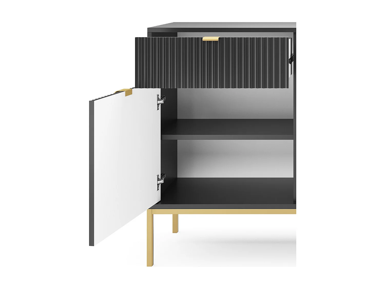 Elegante commode DomoHome NOVA – 154x83x39cm, Geriffelde voorkant, Gouden handgrepen, Veelzijdig ontwerp, 3 lades en 3 deuren, Zwart, Gouden lijst