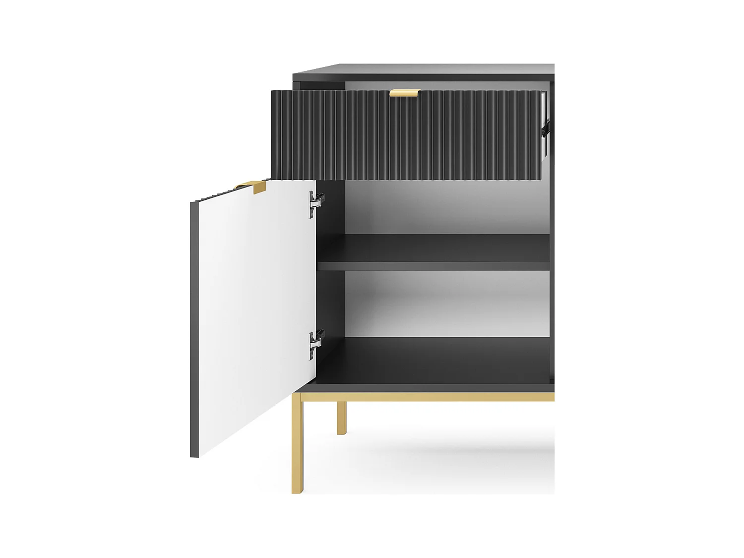 Commode Élégante DomoHome NOVA – 154x83x39cm, Façade Geriffelt, Poignées dorées, Design polyvalent, 3 tiroirs et 3 portes, Noir, Cadre doré