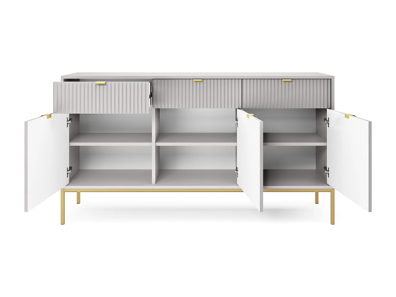 Komoda Elegancka DomoHome NOVA – 154x83x39cm, fasada Geriffelt, złote uchwyty, uniwersalny design, 3 szuflady i 3 drzwi, Szara rama złota