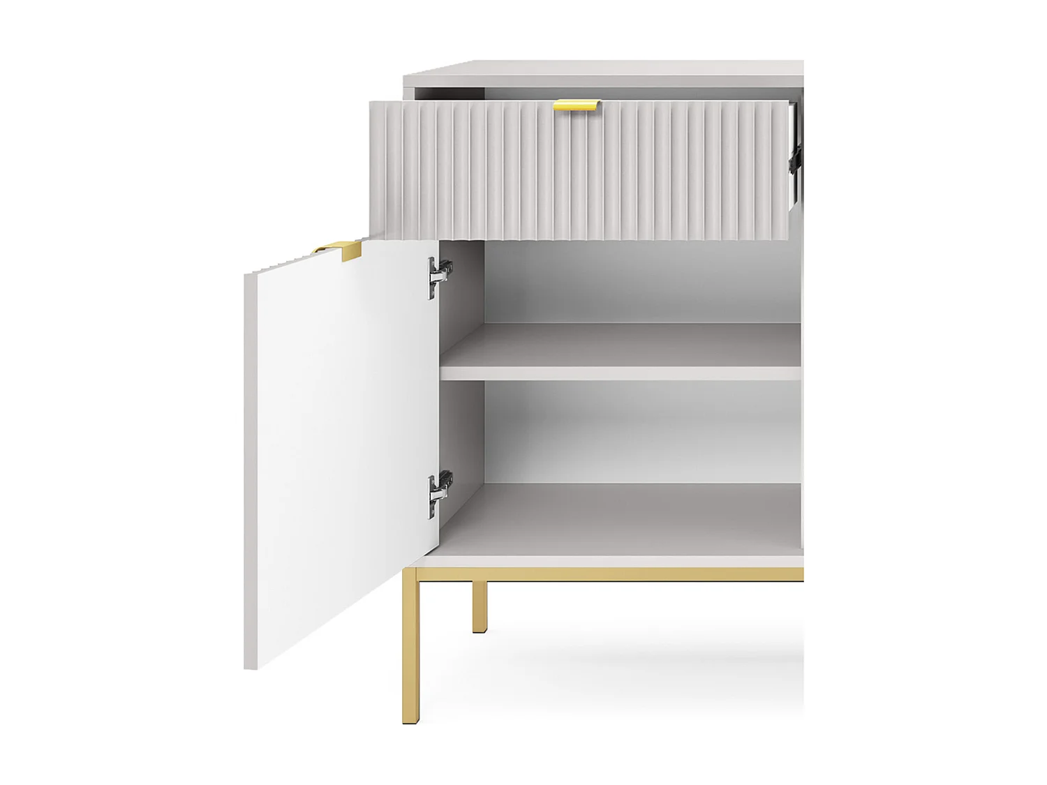 Komoda Elegancka DomoHome NOVA – 154x83x39cm, fasada Geriffelt, złote uchwyty, uniwersalny design, 3 szuflady i 3 drzwi, Szara rama złota