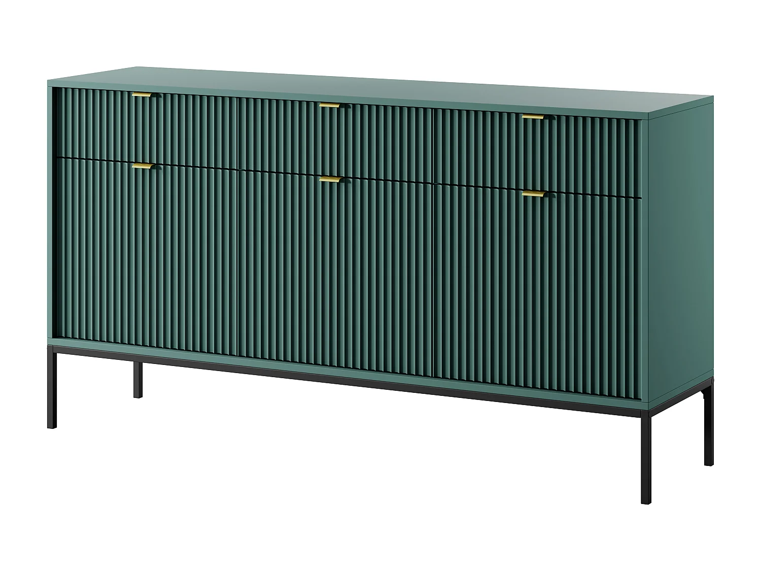 Elegante Kommode DomoHome NOVA – 154x83x39cm, Geriffelte Front, Goldene Griffe, Vielseitiges Design, 3 Schubladen und 3 Türen, Labrador, Schwarzer Rahmen