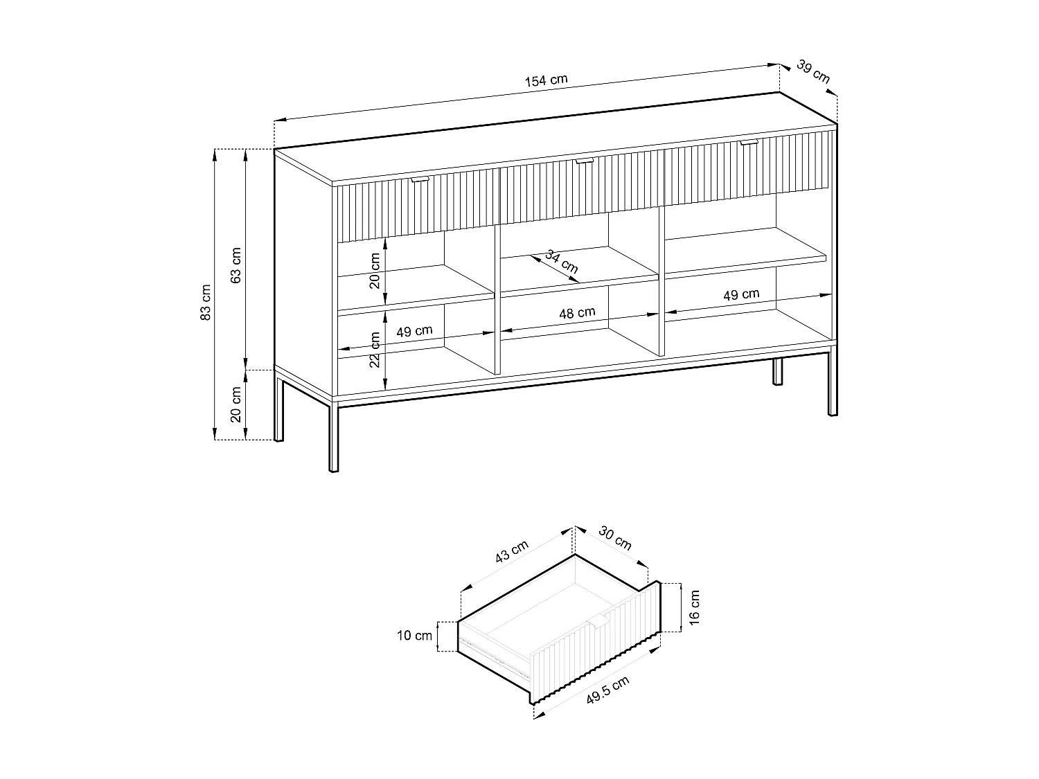 Commode Élégante DomoHome NOVA – 154x83x39cm, Façade Geriffelt, Poignées dorées, Design polyvalent, 3 tiroirs et 3 portes, Labrador, Cadre noir