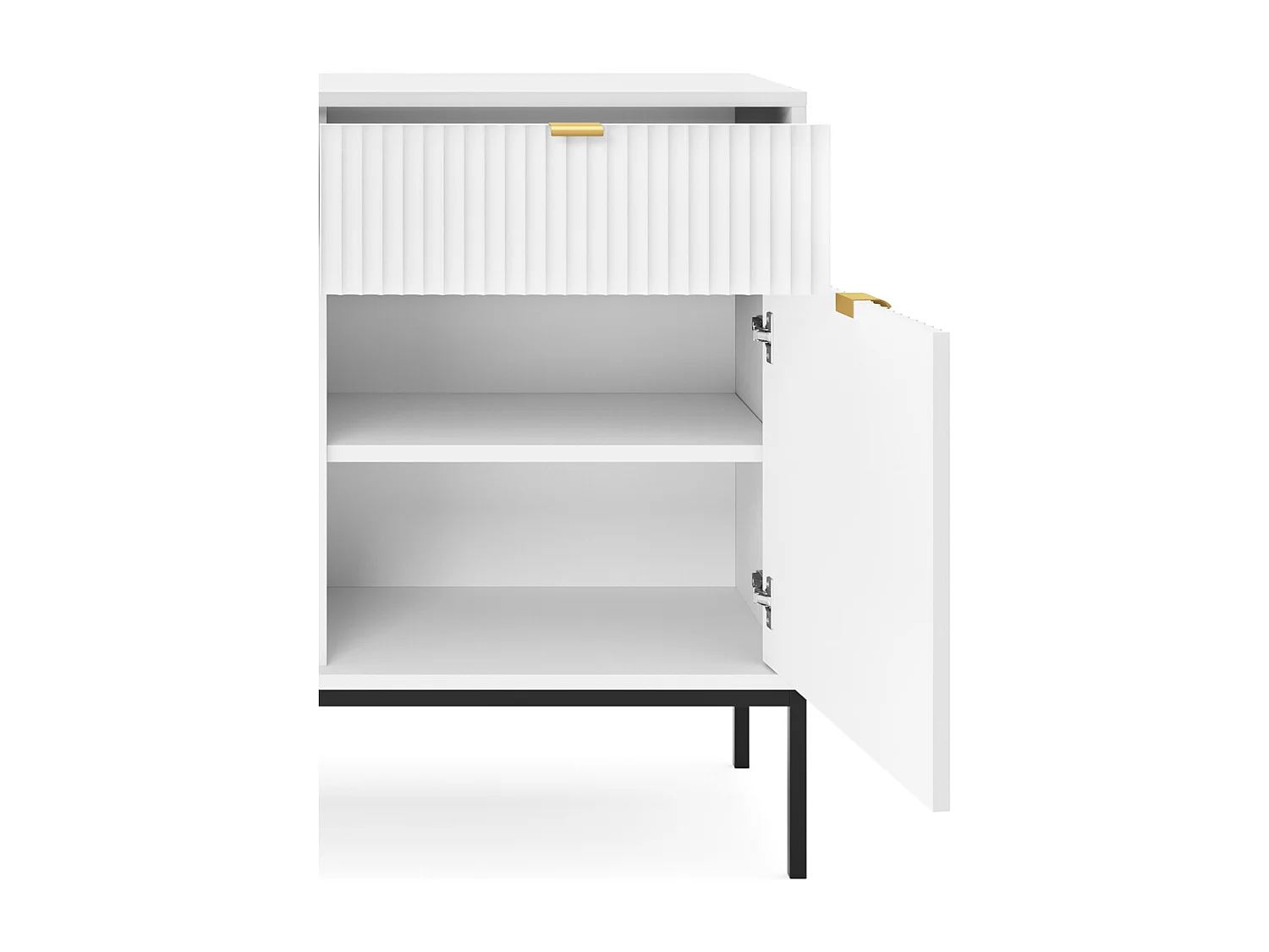 Commode Design NOVA - Couleur : Blanc, Façade Geriffelt, 2 portes, 2 tiroirs, 83x104x39cm, Pieds métal noirs, Meuble polyvalent