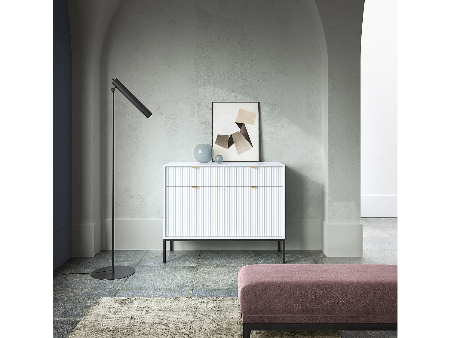 Commode Design NOVA - Couleur : Blanc, Façade Geriffelt, 2 portes, 2 tiroirs, 83x104x39cm, Pieds métal noirs, Meuble polyvalent