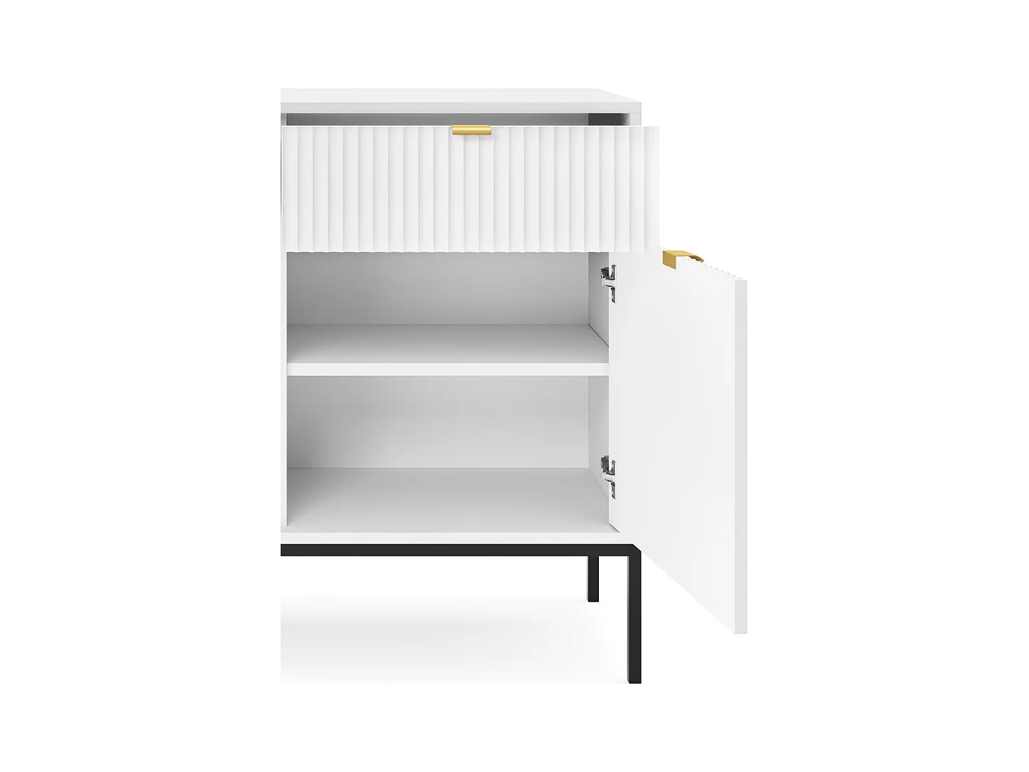 Design-Kommode NOVA – Farbe: Weiß, Geriffelte Front, 2 Türen, 2 Schubladen, 83x104x39cm, Schwarze Metallfüße, Vielseitiges Möbelstück