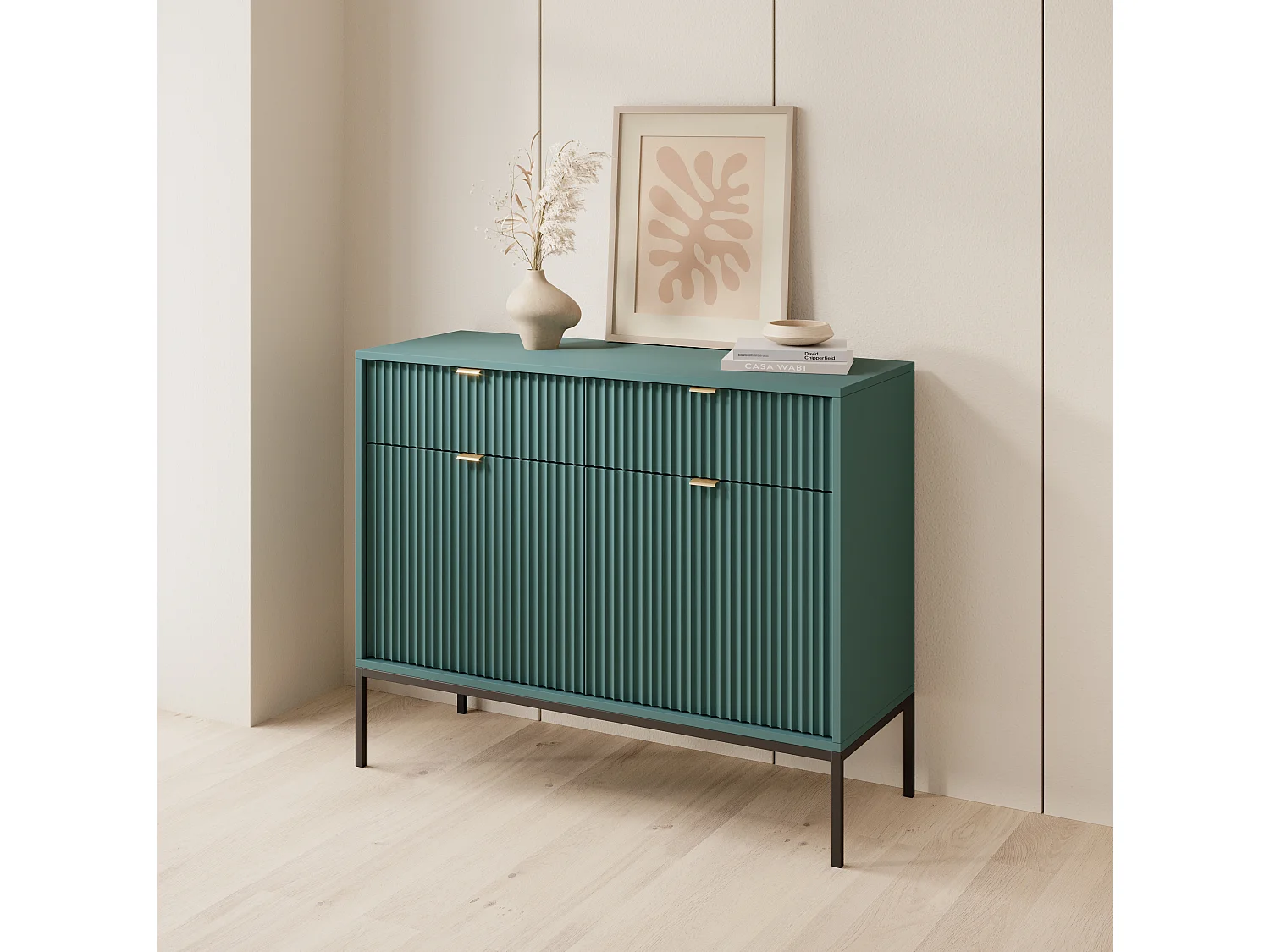 Commode Design NOVA - Couleur : Labrador, Façade Geriffelt, 2 portes, 2 tiroirs, 83x104x39cm, Pieds métal noirs, Meuble polyvalent