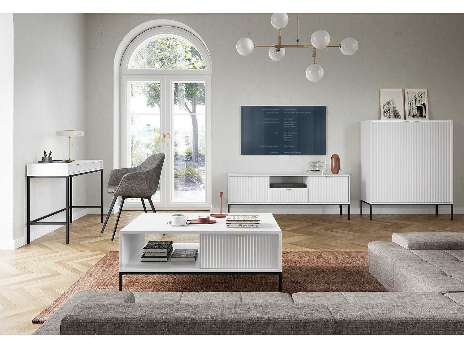 Commode Élégante DomoHome NOVA – 154x83x39cm, Façade Geriffelt, Poignées dorées, Design polyvalent, 3 tiroirs et 3 portes, Blanc, Cadre noir