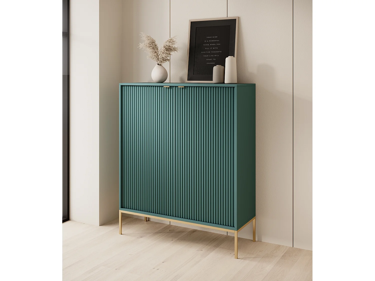 Commode Haut Geriffelt DomoHome NOVA – 2 portes, Highboard avec poignées dorées, Labrador, Pieds dorés 125x104x39cm - Élégant pour salon