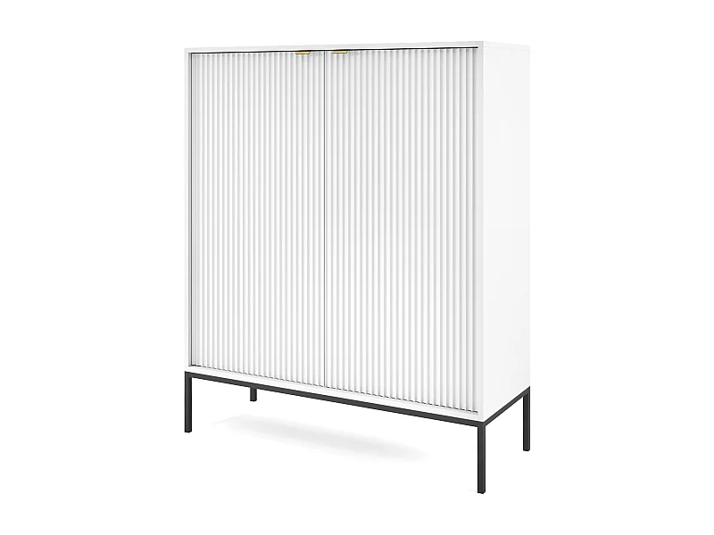 Commode Haut Geriffelt NOVA – 2 portes, Highboard avec poignées dorées, Blanc, Pieds noirs 125x104x39cm - Élégant pour salon