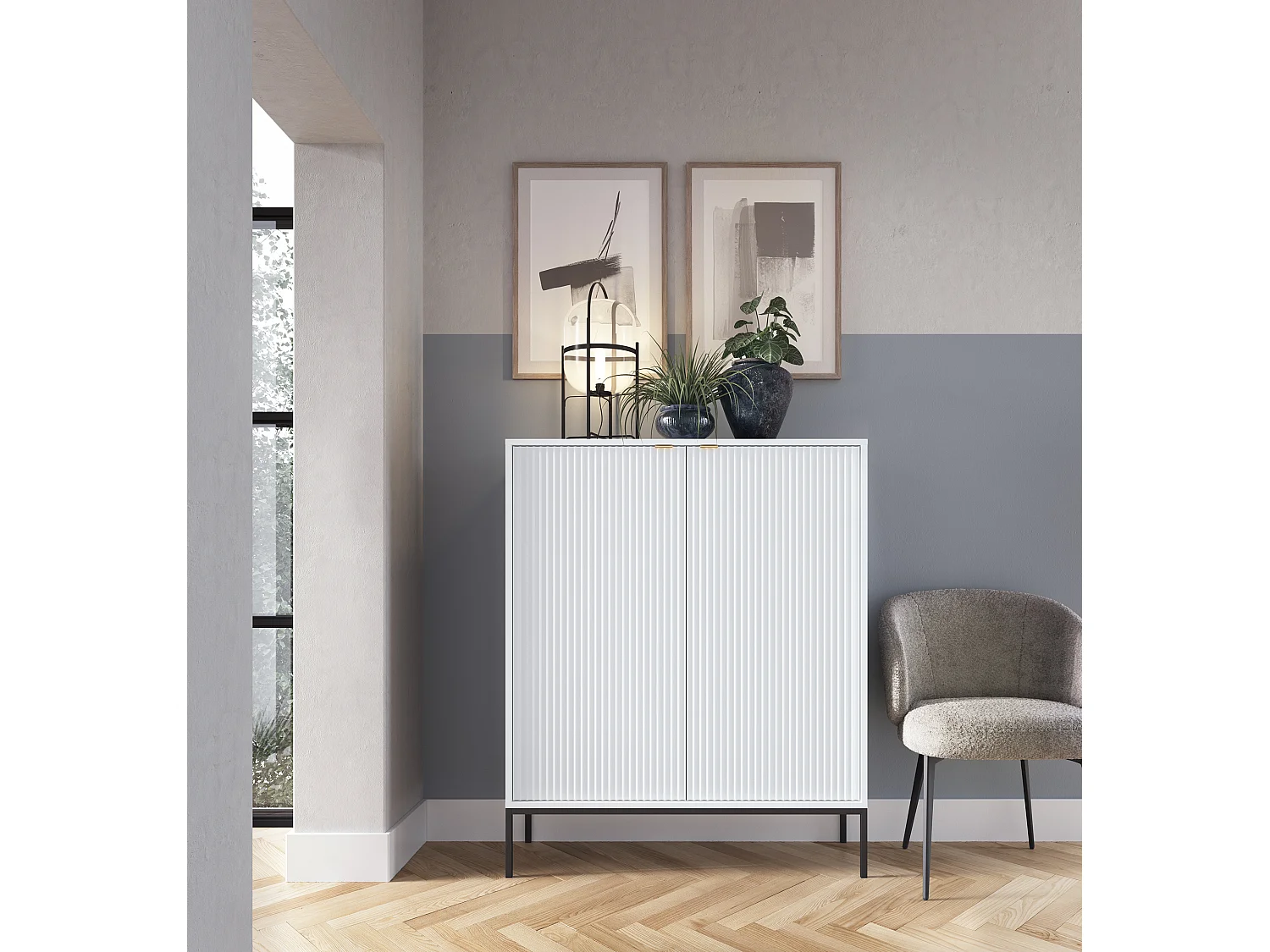 Commode Haut Geriffelt NOVA – 2 portes, Highboard avec poignées dorées, Blanc, Pieds noirs 125x104x39cm - Élégant pour salon
