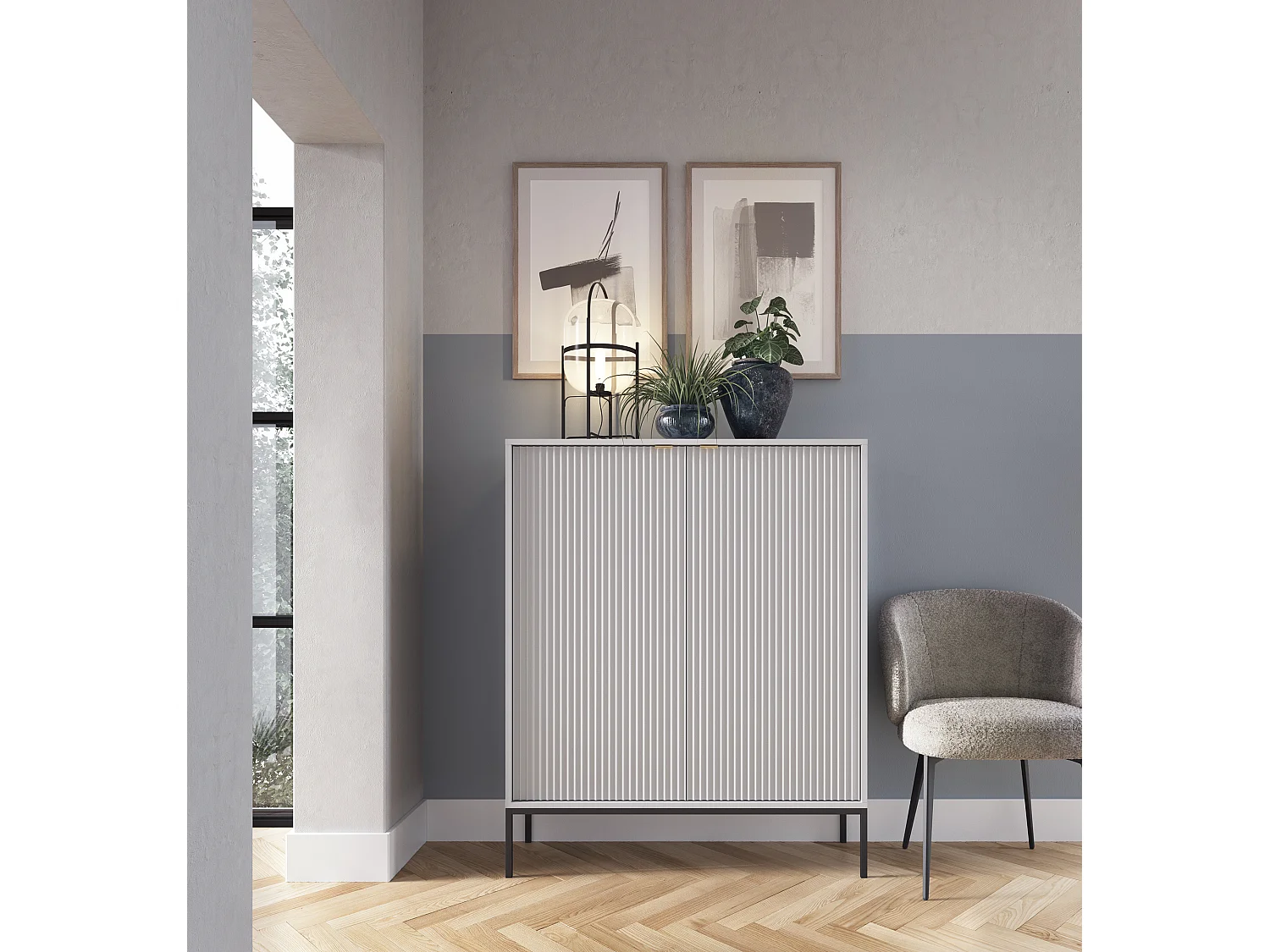 Commode Haut Geriffelt NOVA – 2 portes, Highboard avec poignées dorées, Gris, Pieds noirs 125x104x39cm - Élégant pour salon