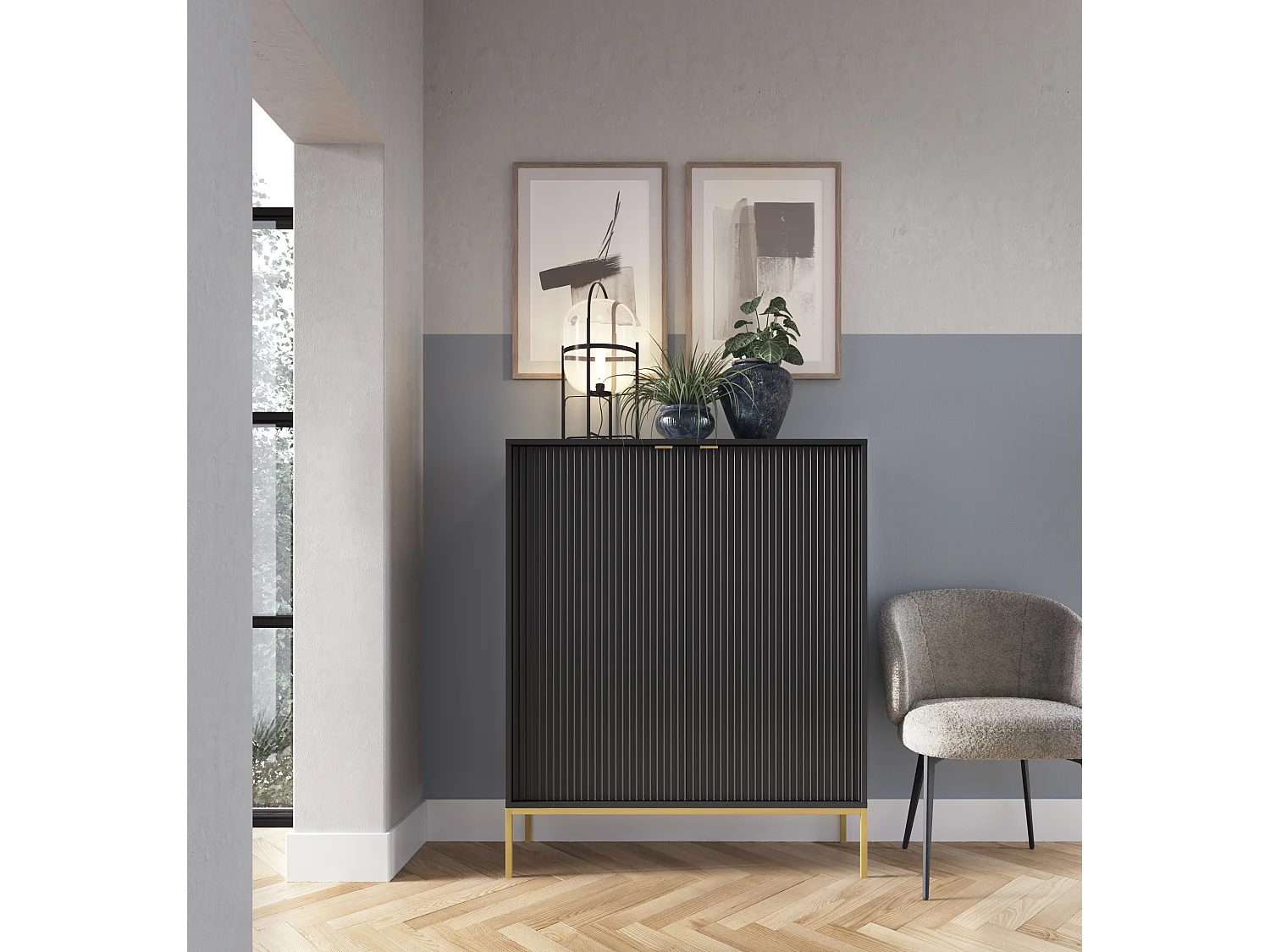 Commode Haut Geriffelt DomoHome NOVA – 2 portes, Highboard avec poignées dorées, Noir, Pieds dorés 125x104x39cm - Élégant pour salon