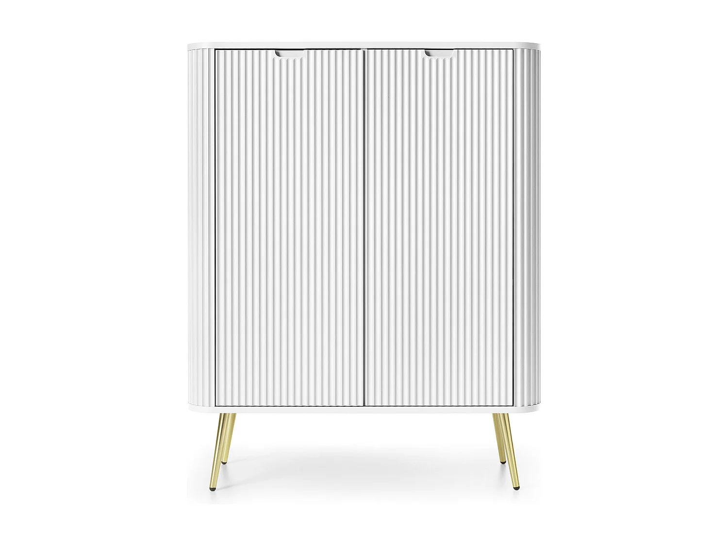 Commode haute ZOVA avec 6 étagères, rainures décoratives et pieds en métal, or, 103/129/39cm, blanc