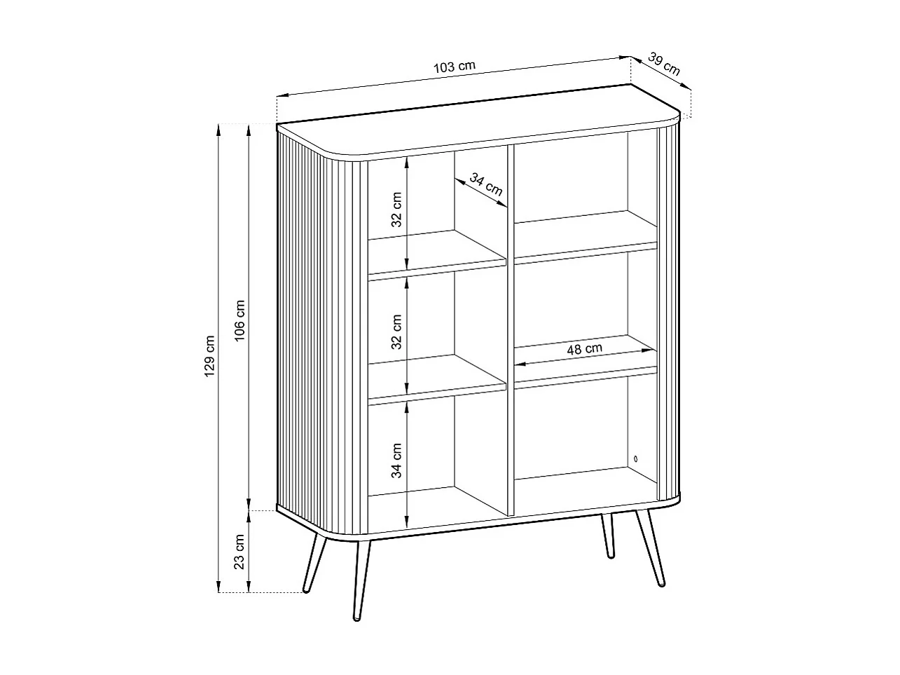 Commode haute ZOVA avec 6 étagères, rainures décoratives et pieds en métal, or, 103/129/39cm, blanc