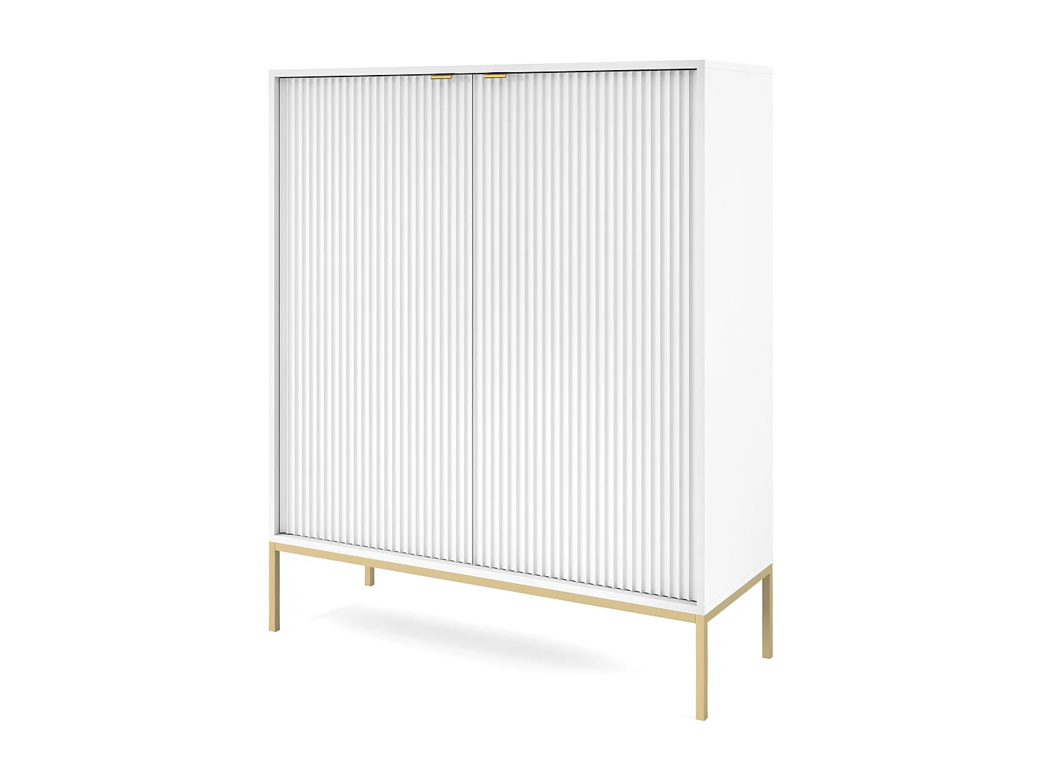 Komoda Wysoka Geriffelt DomoHome NOVA – 2 drzwi, Highboard z złotymi uchwytami, Biały, złote nogi 125x104x39cm - Elegancka do salonu