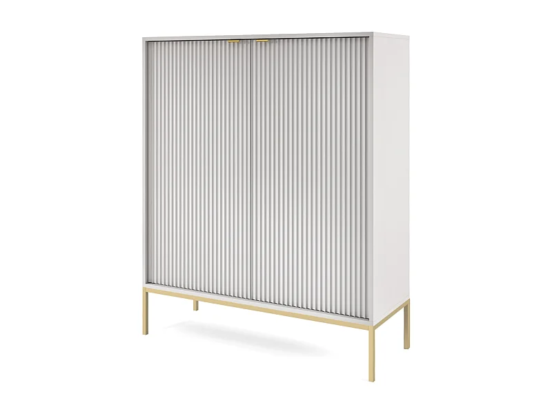 Commode Haut Geriffelt DomoHome NOVA – 2 portes, Highboard avec poignées dorées, Gris, Pieds dorés 125x104x39cm - Élégant pour salon