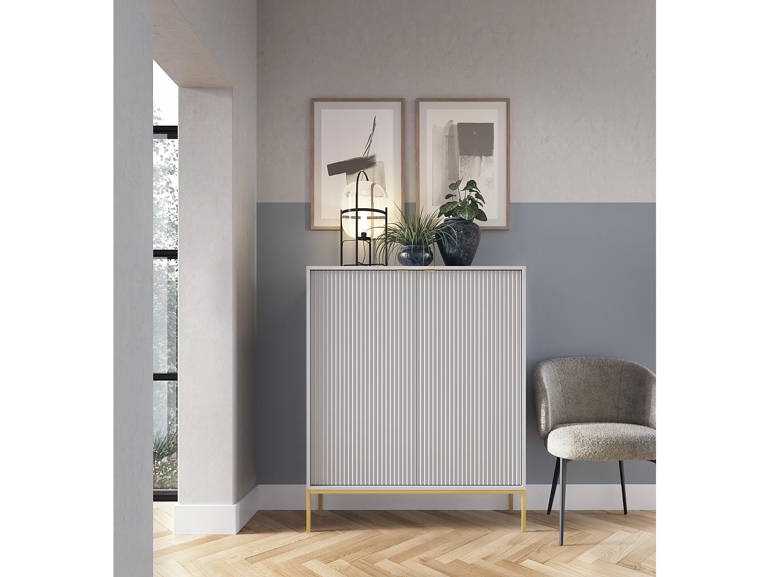 Komoda Wysoka Geriffelt DomoHome NOVA – 2 drzwi, Highboard z złotymi uchwytami, Szary, złote nogi 125x104x39cm - Elegancka do salonu