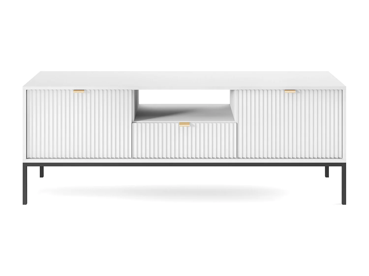 Meuble TV Geriffelt NOVA Poignées dorées 2 portes, tiroir, étagère 154x56x39cm, Façade noire, Cadre couleur BLANC