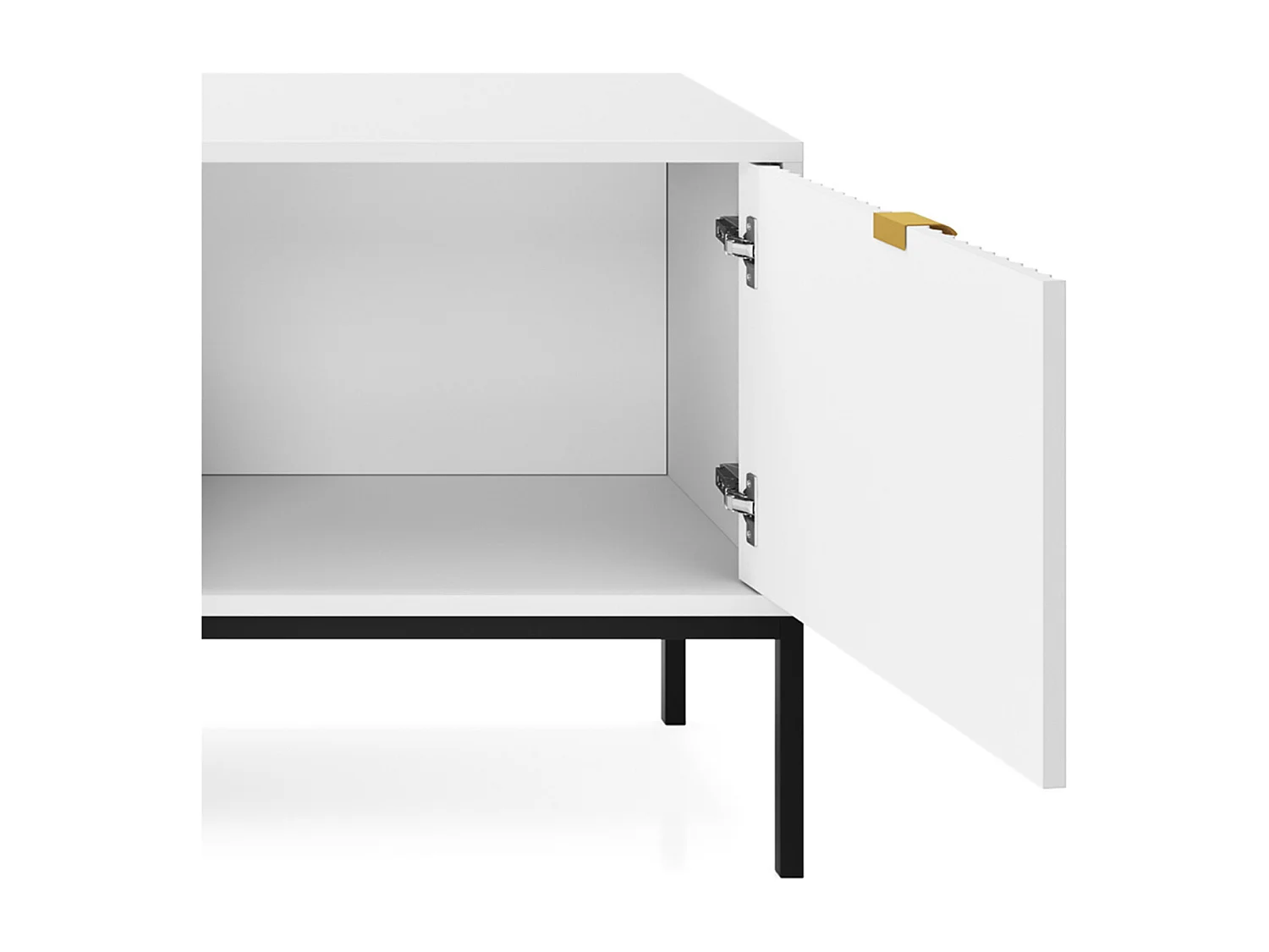 Meuble TV Geriffelt NOVA Poignées dorées 2 portes, tiroir, étagère 154x56x39cm, Façade noire, Cadre couleur BLANC