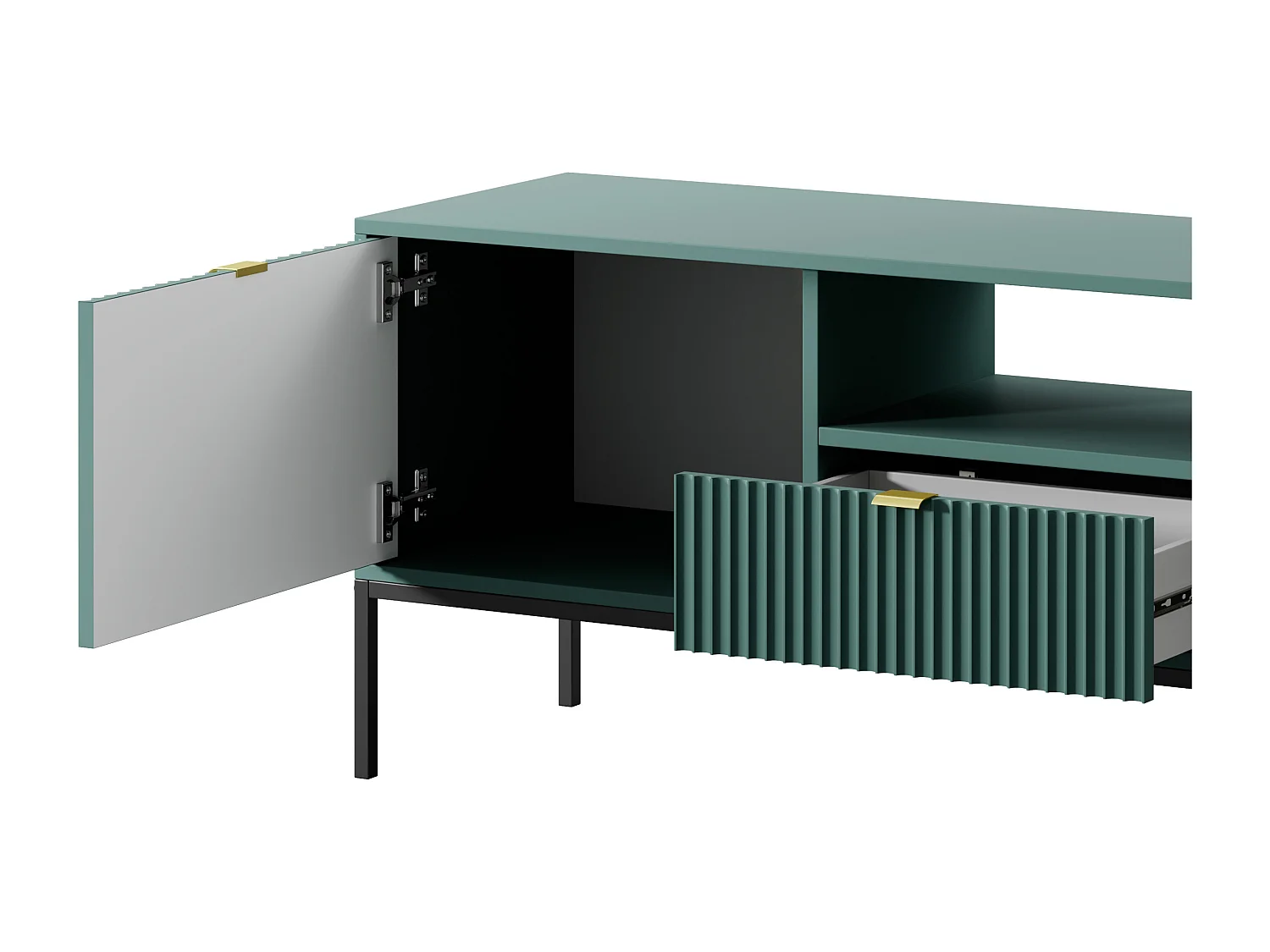 Meuble TV Geriffelt NOVA Poignées dorées 2 portes, tiroir, étagère 154x56x39cm, Façade noire, Cadre couleur LABRADOR