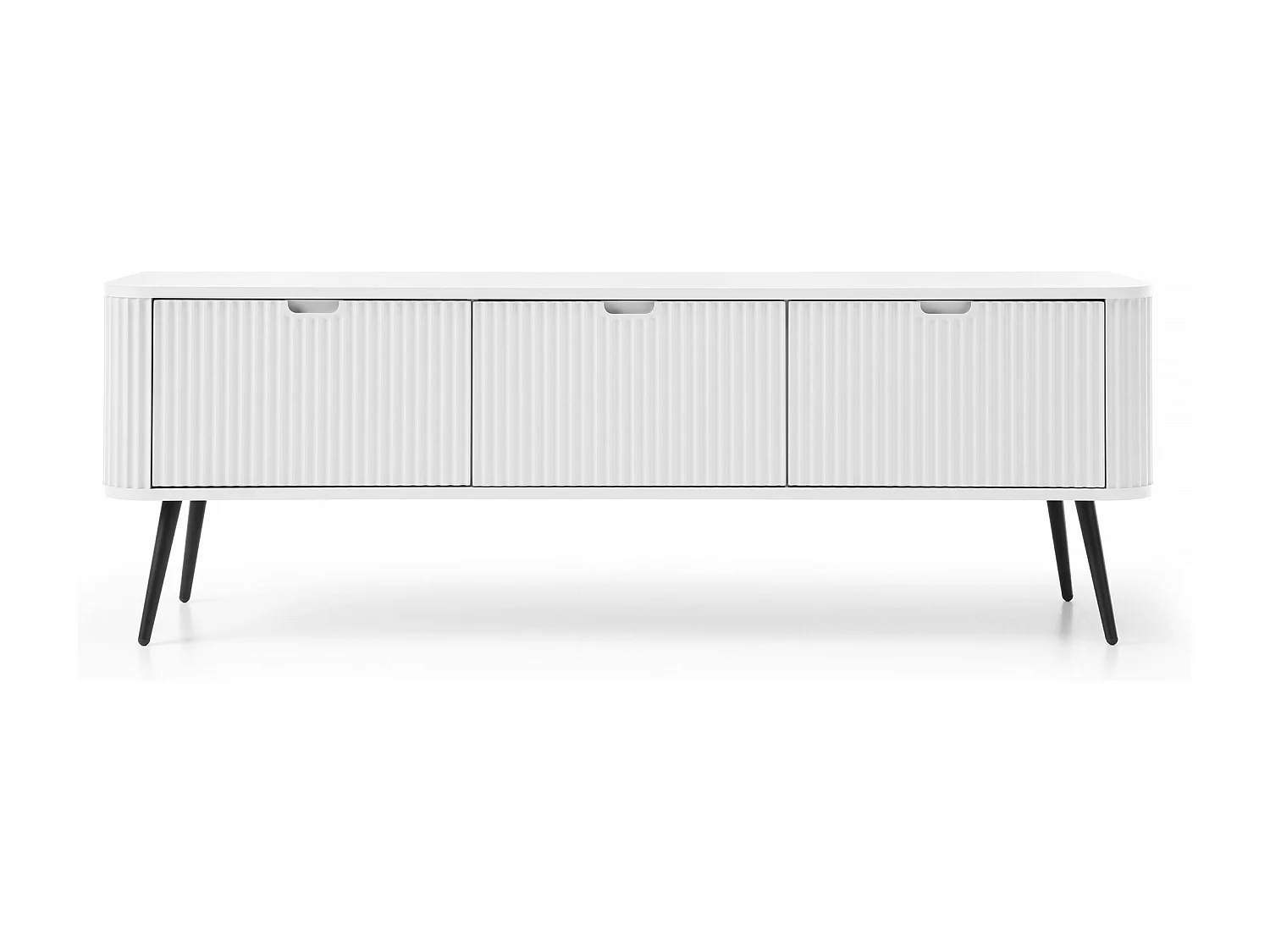 ZOVA Meuble RTV à 3 portes avec volets et pieds, table TV au design moderne, pieds métalliques noirs, 168/57/39cm, couleur : blanc