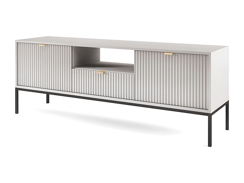 TV-Schrank Geriffelt NOVA Goldene Griffe, 2 Türen, Schublade, Regal 154x56x39cm, Schwarze Front, Rahmen in GRAU