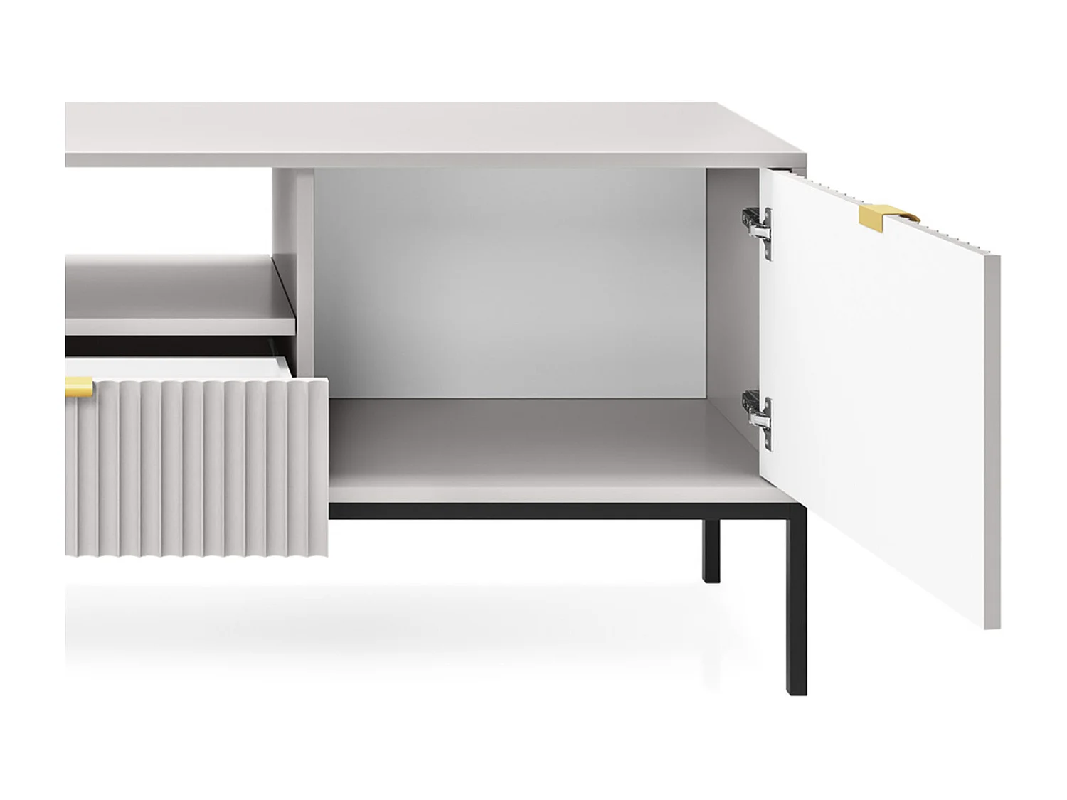 Meuble TV Geriffelt NOVA Poignées dorées 2 portes, tiroir, étagère 154x56x39cm, Façade noire, Cadre couleur GRIS