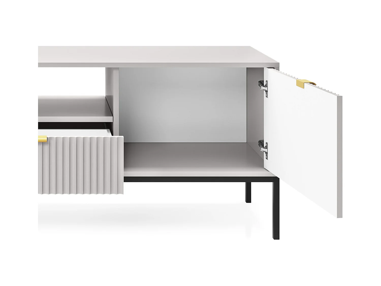 Meuble TV Geriffelt NOVA Poignées dorées 2 portes, tiroir, étagère 154x56x39cm, Façade noire, Cadre couleur GRIS