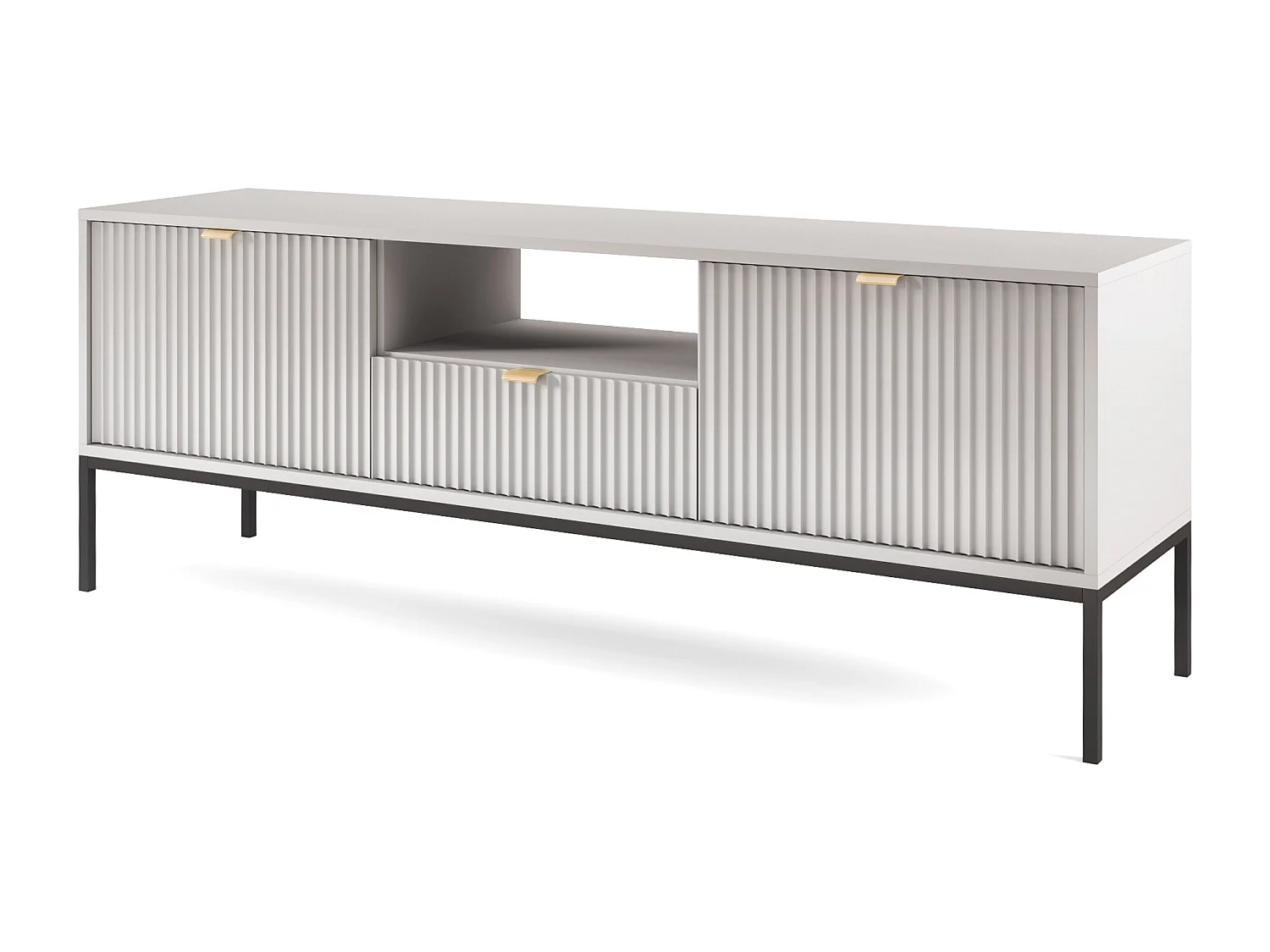 Meuble TV Geriffelt NOVA Poignées dorées 2 portes, tiroir, étagère 154x56x39cm, Façade noire, Cadre couleur GRIS