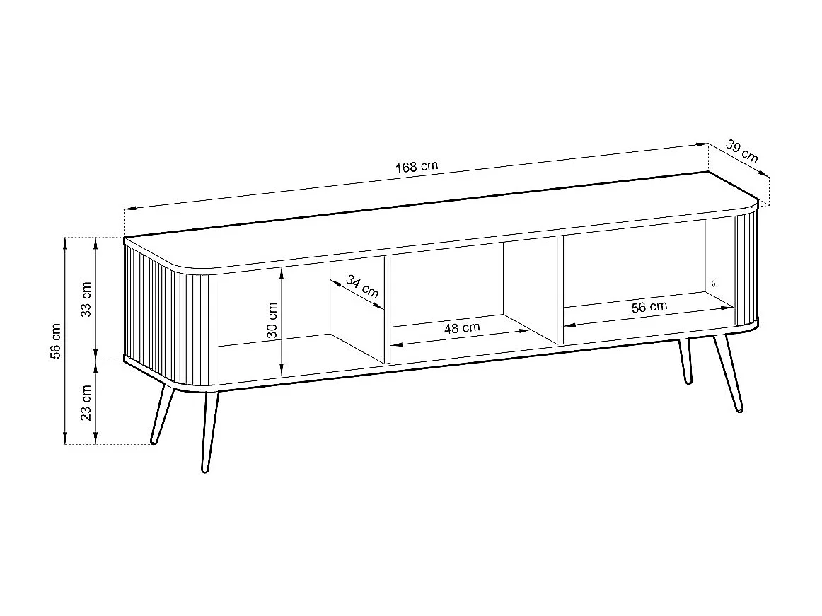ZOVA Meuble RTV TV-Lowboard avec façades striées, pieds métalliques, 3 portes, design moderne, pieds métalliques dorés, 168/57/39cm