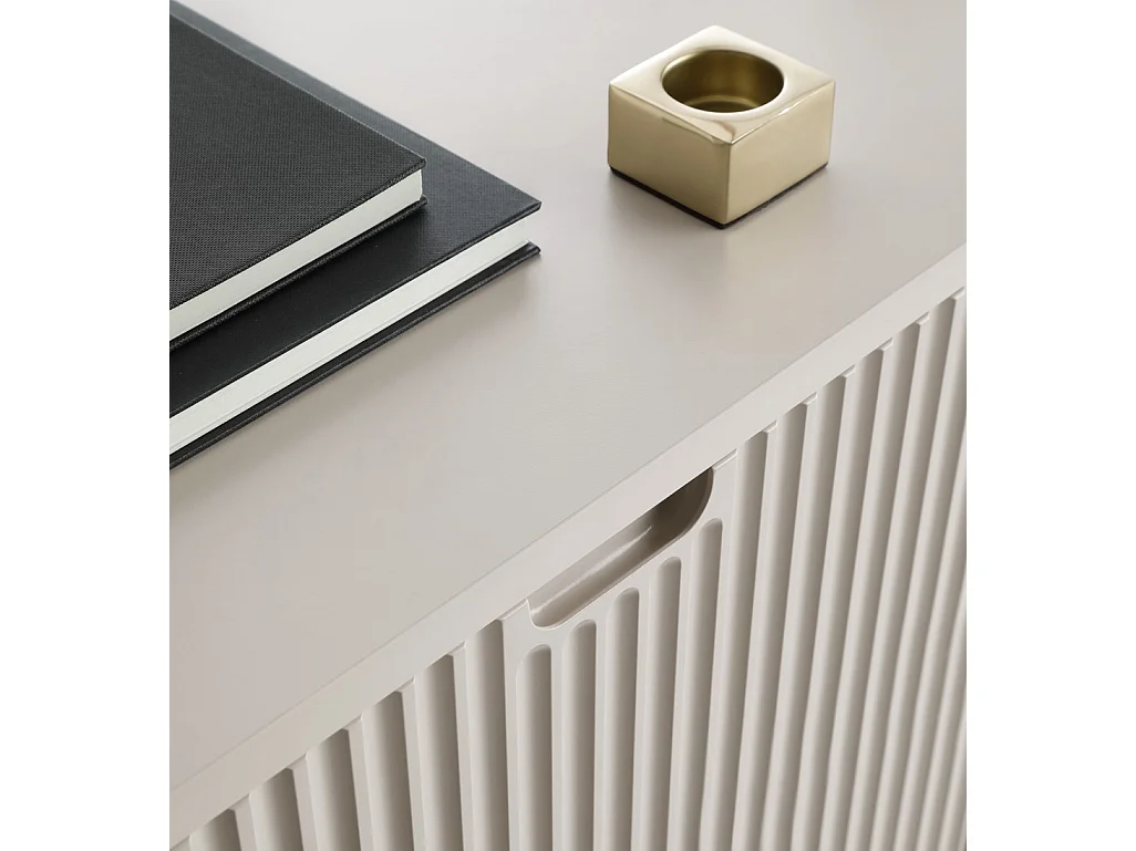 ZOVA Meuble RTV TV-Lowboard avec façades striées, pieds métalliques, 3 portes, design moderne, pieds métalliques dorés, 168/57/39cm