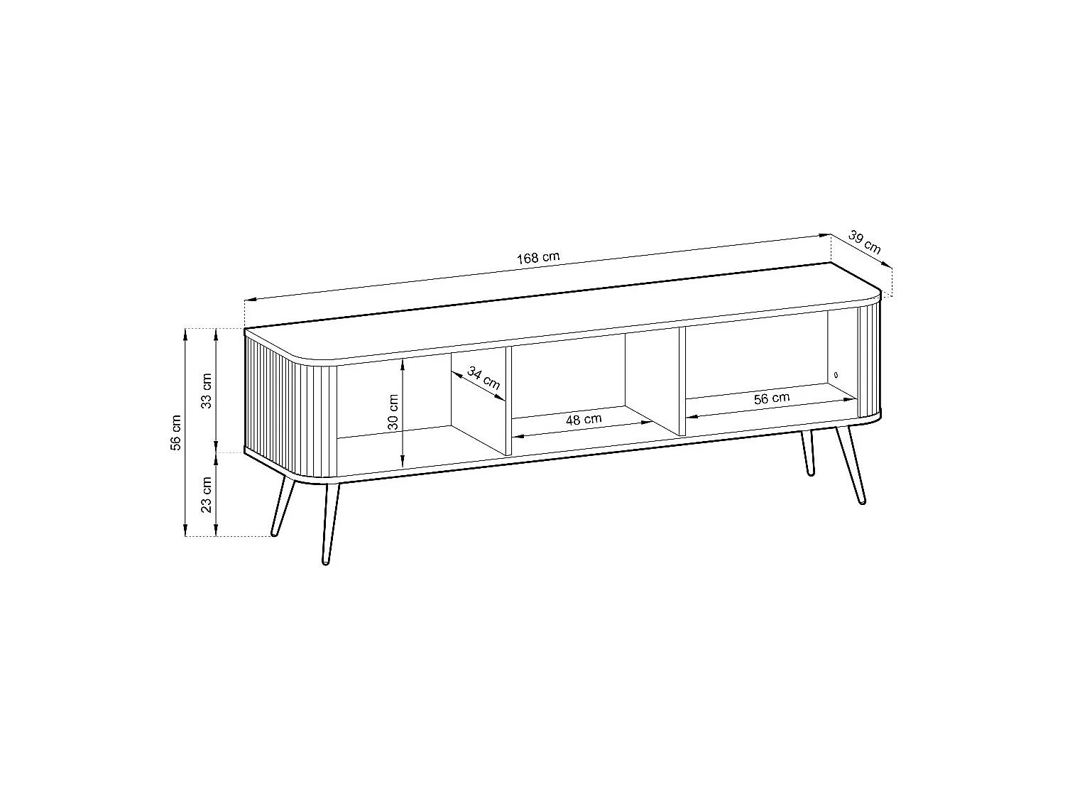 ZOVA Meuble RTV TV-Lowboard avec façades striées, pieds métalliques, 3 portes, design moderne, pieds métalliques noirs, 168/57/39cm
