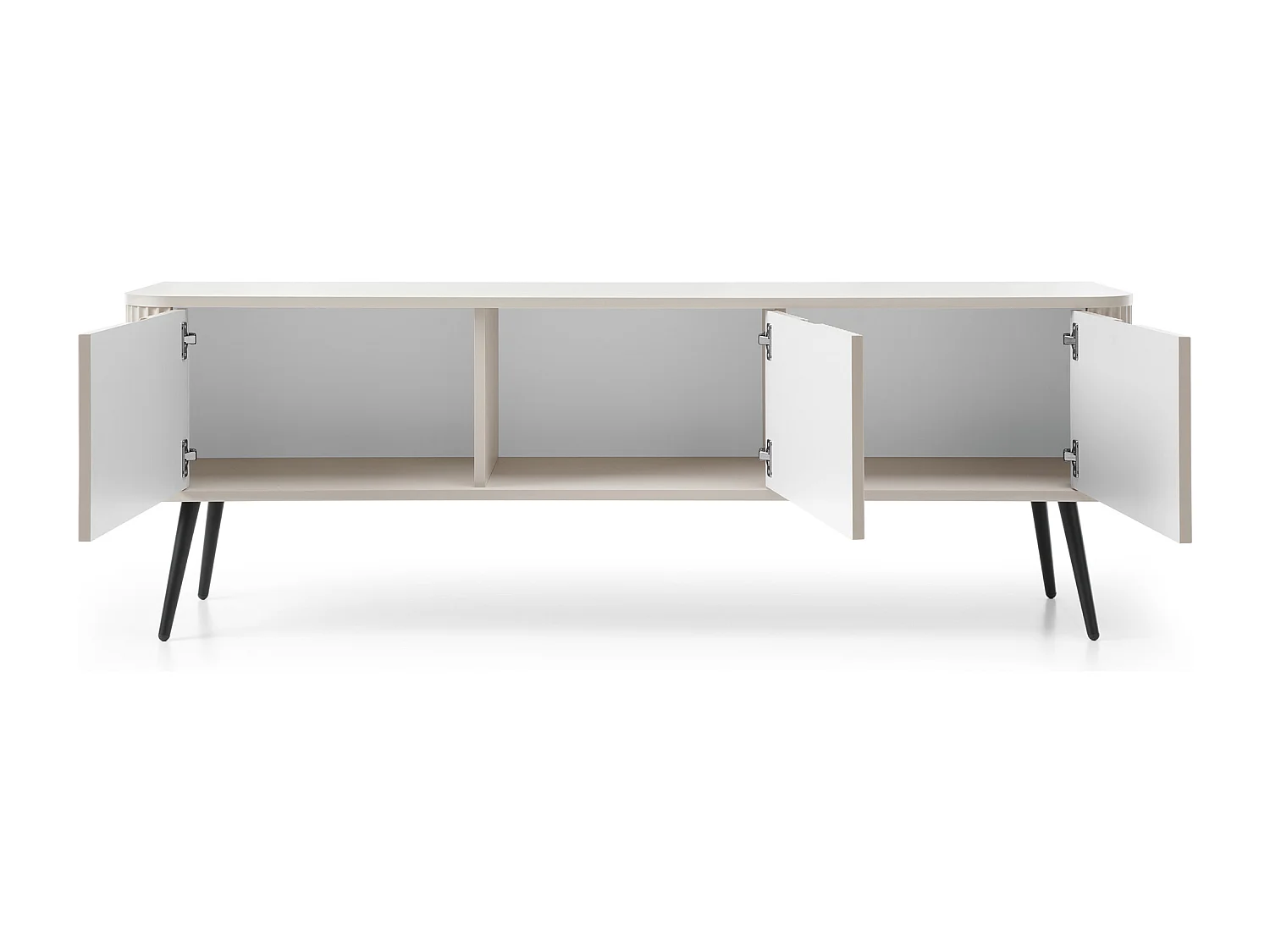 ZOVA Meuble RTV TV-Lowboard avec façades striées, pieds métalliques, 3 portes, design moderne, pieds métalliques noirs, 168/57/39cm