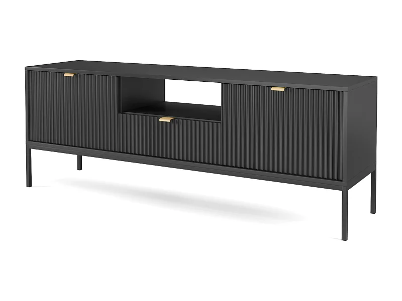 Stolik RTV Geriffelt NOVA, złote uchwyty, 2 drzwi, szuflada, półka, 154x56x39cm, czarna fasada, rama czarna