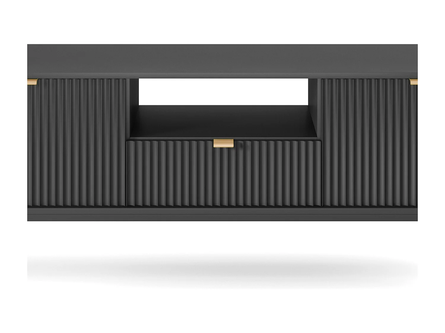 Meuble TV Geriffelt NOVA Poignées dorées 2 portes, tiroir, étagère 154x56x39cm, Façade noire, Cadre couleur NOIR