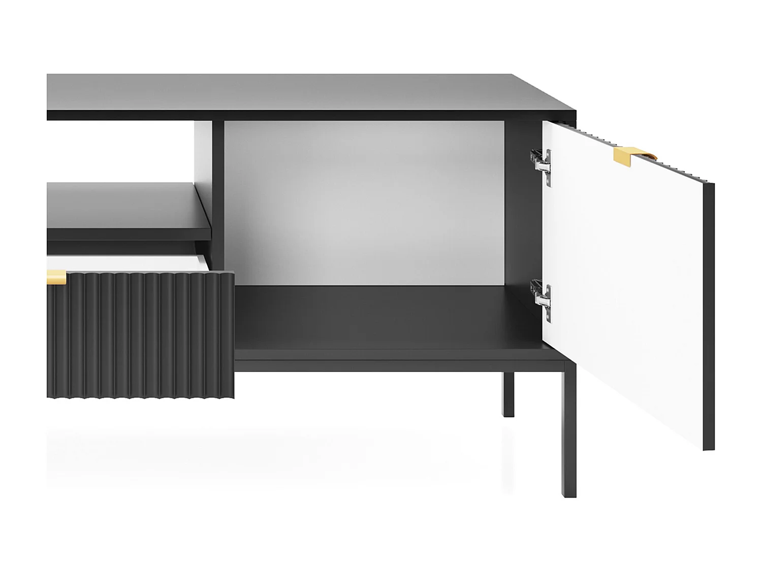 Meuble TV Geriffelt NOVA Poignées dorées 2 portes, tiroir, étagère 154x56x39cm, Façade noire, Cadre couleur NOIR