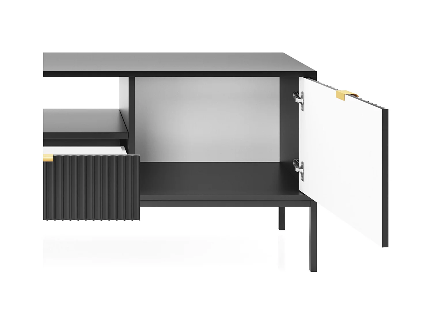 Meuble TV Geriffelt NOVA Poignées dorées 2 portes, tiroir, étagère 154x56x39cm, Façade noire, Cadre couleur NOIR